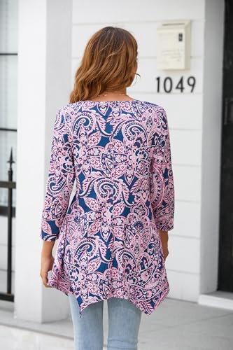 ENMAIN Women's Tops Plus Size Tunic Tops 3/4 Sleeve Flare Hem Paisley Print Loose Fit Casual Blouse to Wear with Leggings - color: A3-pink & Paisley, size: X-Large
