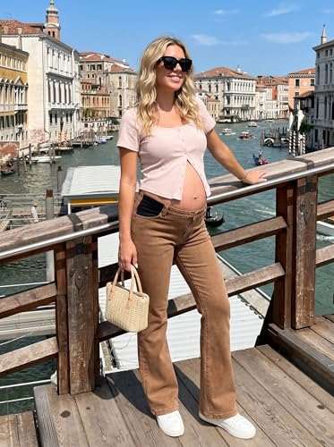 BLENCOT Women Maternity Jeans Bootcut High Rise Denim Pregnancy Pants Work - color: Brown, size: Small