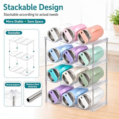 Stackable Water Bottle Organizer for Stanley 40 oz Tumbler, Large Compartment Water Bottle Holder for Cabinet, Clear Tumbler Organizer for Kitchen Countertop Pantry, 3 Pack