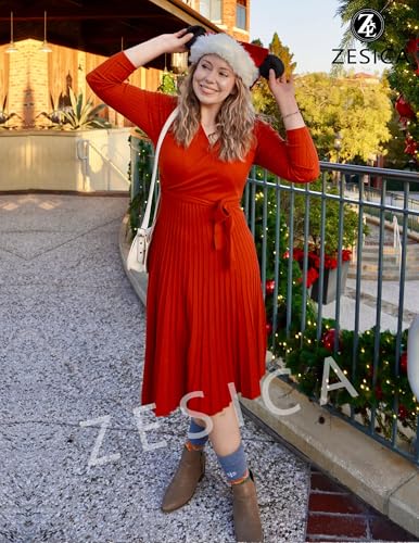 ZESICA Women's Long Sleeve Wrap Sweater Midi Dress with Belt - color: Rust, size: Small