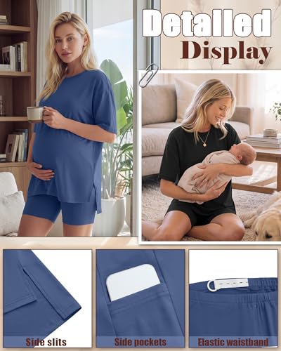 Huukeay 2 Pack Women Maternity Set Pregnancy Outfits - color: Haze Blue, Black, size: Medium