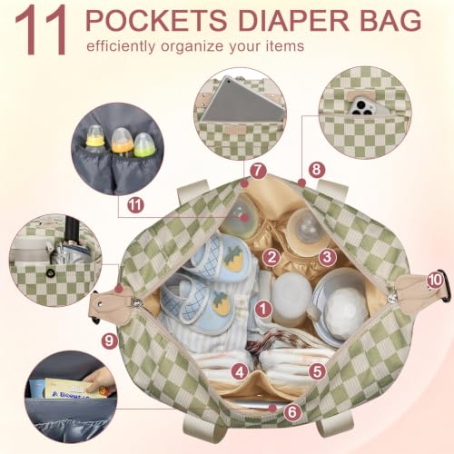 Pritent Diaper Bag Tote Waterproof Maternity Baby Bags with Pacifier Case - color: Checkered Green, size: Medium