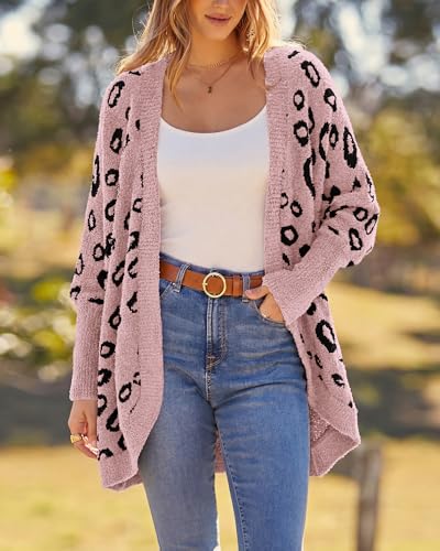 BTFBM Leopard Cardigan for Women Knit Fall Fashion Clothes - color: Pink, size: Medium