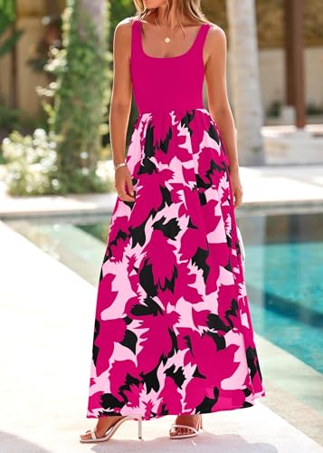 KIRUNDO Women's Summer Maxi Dress Boho Floral Long Sundress - color: Rose Red, size: Medium