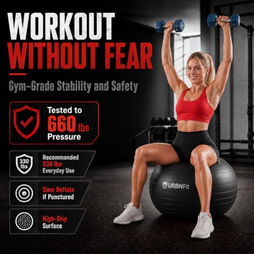 URBNFit Yoga Ball - Anti-Burst Exercise Ball Large - color: Black, size: M (20" - 22") 55cm