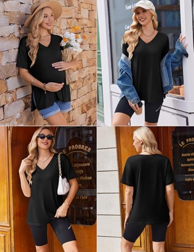 Ekouaer Maternity Shirts 3 Pack Oversized Pregnancy Tops Summer Clothes - color: 3 Pcs Black/ White/ Brown, size: Small