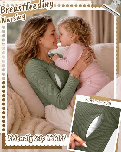 3 Pack Womens Long Sleeve Nursing Shirts, Ribbed Knit - color: Gray Green, Coffee, Black, size: Small