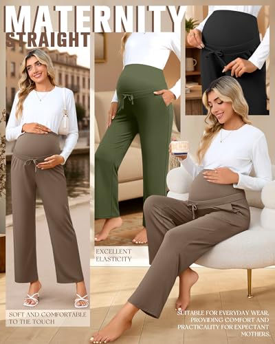 Oakgarden 3 Pack Women's Maternity Pants Over Belly - color: Black, Army Green, Coffee, size: Medium