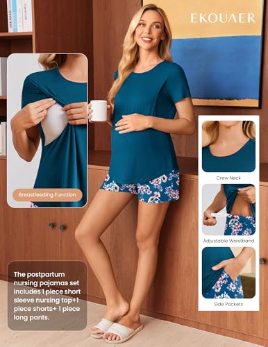 Ekouaer 3 Piece Maternity Nursing Pajamas Set Short Sleeve Breastfeeding Pjs - color: Blue Green-flower, size: Small