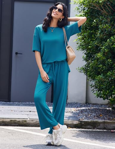 Ekouaer Lounge Sets for Women Soft Comfy Pajama Set 2 Piece Outfits - color: Blue Green, size: Large
