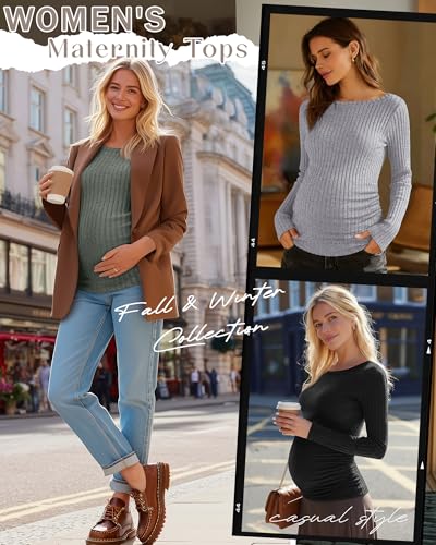 3 Pack Maternity Sweaters Long Sleeve Pregnancy Tops - color: Army Green, Light Gray, Black, size: Large
