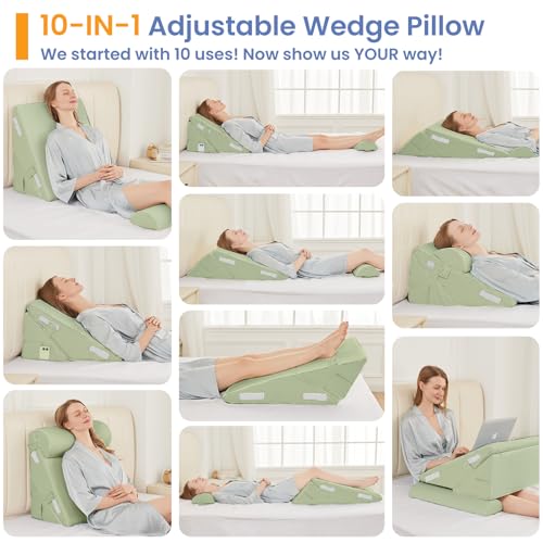 Sasttie Adjustable Wedge Pillow Set for After Surgery, Sage - color: Sage, size: Adjustable 9&12 Inch + 2 Head Pillows
