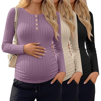 Oakgarden 3 Pack Womens Maternity Sweaters Henley Pregnancy Tops - color: Black, Apricot, Pinkish Purple, size: Medium