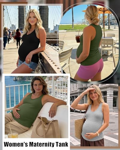 3 Pack Maternity Tank Tops Ribbed V Neck - color: Army Green, Light Gray, Black, size: XX-Large