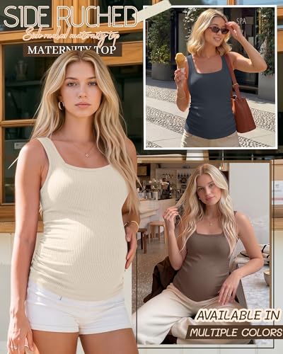 3 Pack Maternity Tank Tops Pregnancy Shirts - color: Charcoal Gray, Apricot, Brown, size: Small
