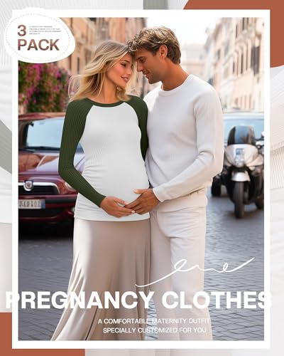 Neer 3 Pack Maternity Long Sleeve Shirts Ribbed Pregnancy Tops - color: Black, Coffee, Army Green, size: Small