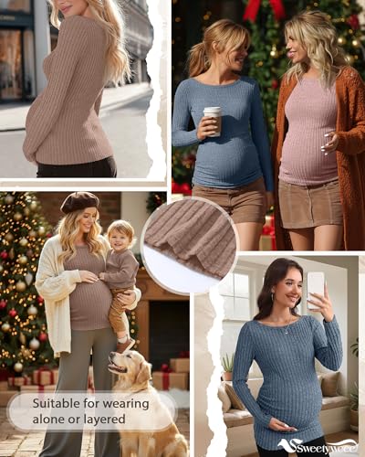 3 Pack Maternity Sweaters Long Sleeve Pregnancy Tops - color: Light Brown, Pink, Blue, size: XX-Large