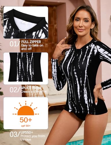 LURANEE Women's Zip Up Rash Guards for Women UPF50+ Long Sleeve Swimsuit - color: Black Tie Dye, size: Medium