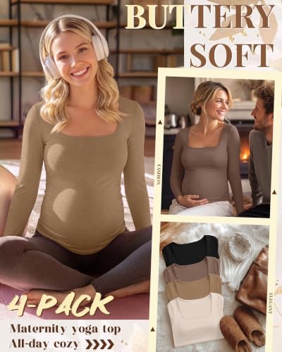 4 Pcs Womens Maternity Long Sleeve Square Neck Shirts - color: Beige, Camel, Coffee, Black, size: X-Large