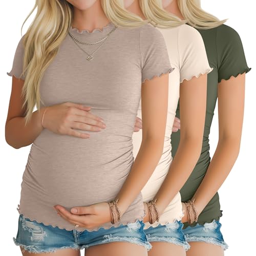 Xaatren 3 Pack Women's Maternity Short Sleeve Shirts - color: Camel, Beige, Army Green, size: Medium