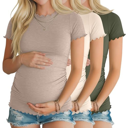 Xaatren 3 Pack Women's Maternity Short Sleeve Shirts - color: Camel, Beige, Army Green, size: Medium