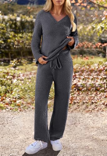 MEROKEETY Women's Fall Fleece 2 Piece Outfits Pajama Lounge Sets - color: Darkgrey, size: Medium