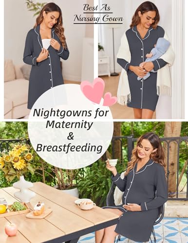Ekouaer Womens Nightgown Long Sleeve Nightshirt Soft Button Down Sleepshirt - color: Dark Grey, size: Large