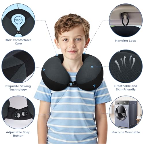 COOLBEBE Kids Travel Neck Pillow, Head Support for Car Seat & Plane, Black - color: Black & Grey
