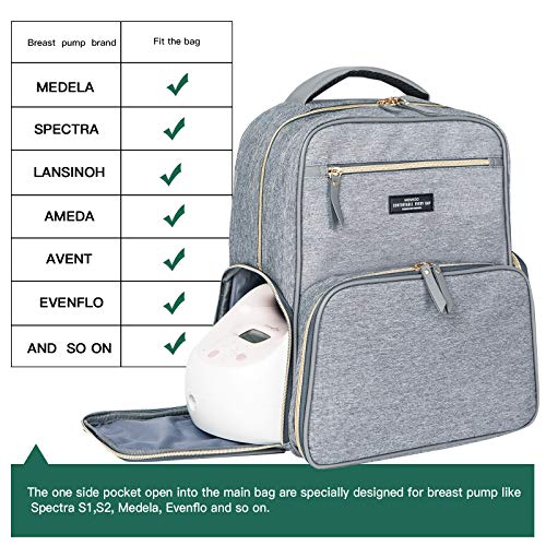 Breast Pump Backpack Diaper Bag - Multi-Function Mommy Outdoor Working Backpack with Insulation Pocket - color: Grey