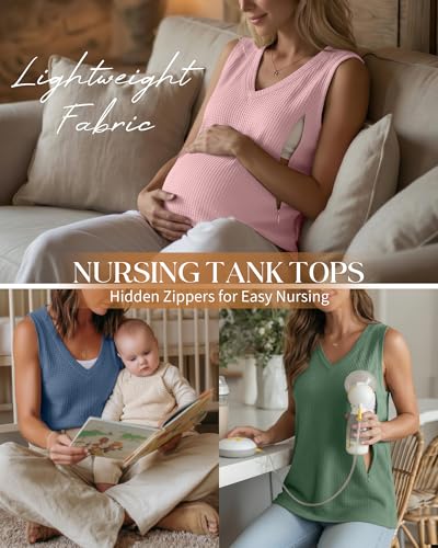 3 Pack Women's Waffle Nursing Tank Tops - color: Green, Pink, Haze Blue, size: XX-Large