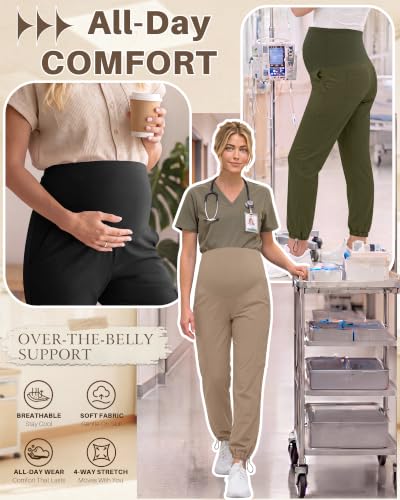 Locoowai 3 Pack Women's Maternity Jogger Scrub Pants with Pocket - color: Black, Army Green, Khaki, size: Small