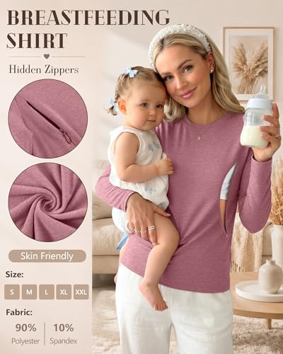 3 Pack Women's Nursing Tops Breastfeeding Shirts Fall - color: Apricot, Gray Pink, Black, size: Medium