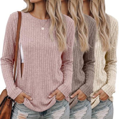 3 Pack Maternity Nursing Ribbed Long Sleeve Tops - color: Apricot, Coffee, Pink, size: Large