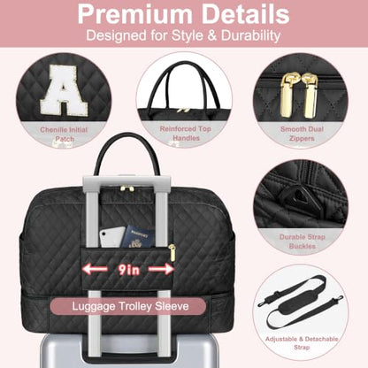 TIBES Birthday Graduation Gift for Her, Initial Weekender Bag for Women 45L - color: Black Diamond Quilted, style: L