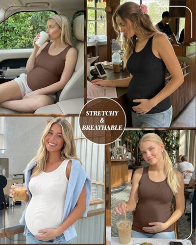 Locoowai 3 Pack Women's Maternity Tank Tops - color: Coffee, White, Black, size: Small
