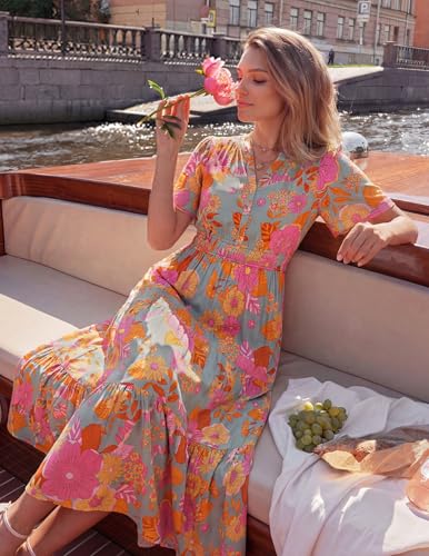 ZESICA Women's 2026 Summer Floral Boho A Line Maxi Dresses - color: Greygreen, size: Medium