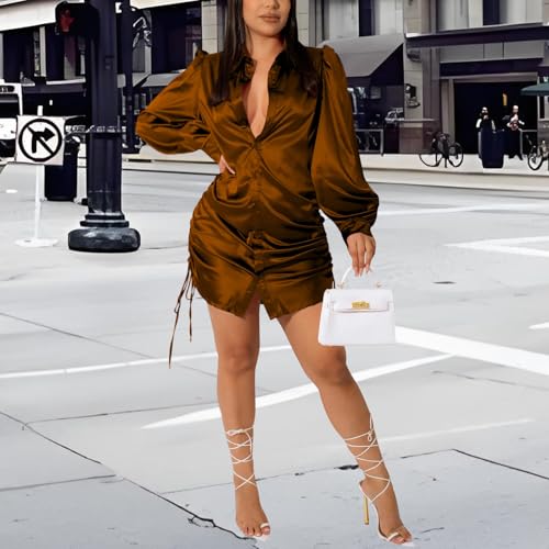 Women's Sexy Button Down Shirts Loose Collar Long Sleeve Ruched Silk Cloth Night Out Club Mini Wrap Dress Drawstring - color: Brown, size: Medium