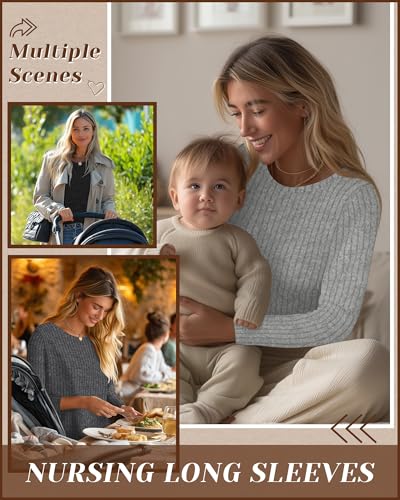3 Pack Maternity Nursing Ribbed Long Sleeve Tops - color: Black, Gray, Light Gray, size: Large