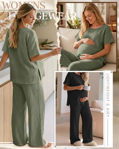 Ficerd 4 Pcs 100% Cotton Muslin Maternity Pajamas Lounge Sets - color: Army Green, Black, size: Large