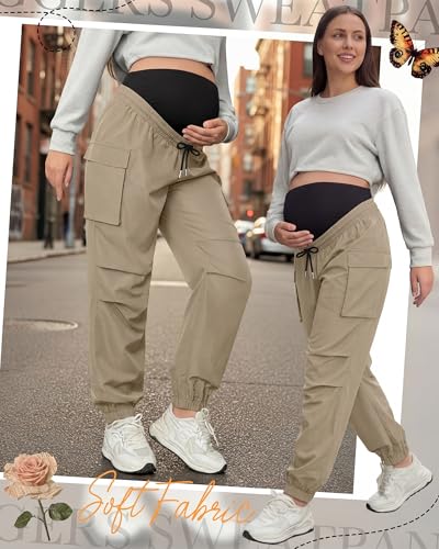 Cutecrop Womens Maternity Cargo Joggers Over The Belly Pregnancy Sweatpants Quick-Dry Causal Stretch Scrub Pants with Pockets - color: Khaki, size: Large