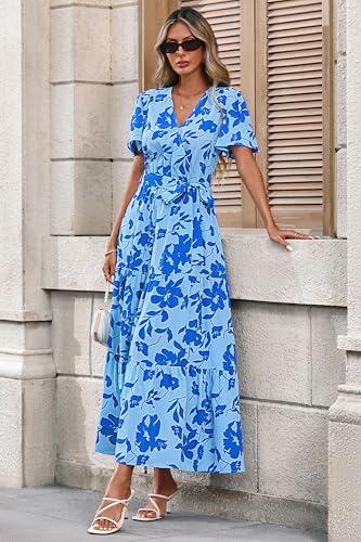 MASCOMODA Womens Summer Swiss Dot Maxi Dresses Wrap Boho Floral Long Dress - color: F-blue, size: Medium