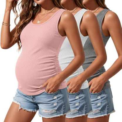 Riyiper 3 Pack Women's Maternity Tank Tops - color: Light Heather Gray, White, Light Pink, size: Small