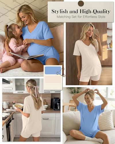 2 Pack Women Maternity Set Pregnancy Outfit - color: Blue, Beige, size: X-Large