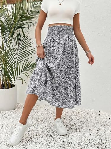 OYOANGLE Women's Maternity Skirt Boho Floral Midi Skirt Pregnancy Skirt - color: Black and White, size: Medium