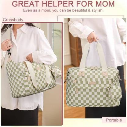 Pritent Diaper Bag Tote Waterproof Maternity Baby Bags with Pacifier Case - color: Checkered Green, size: Medium