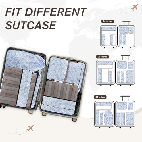 U+U 8 Set Compression Packing Cubes, Travel Organizers (Blue Flower) - color: Blue Flower, size: 8 Set