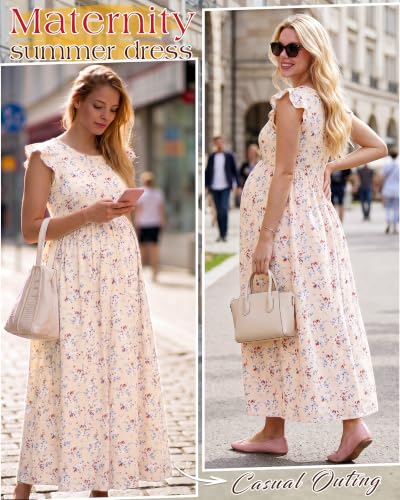 Huukeay Women Maternity Dress Ruffle Sleeve Floral - color: Apricot, size: Medium