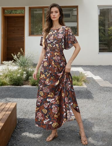 CzzzyL Womens Nursing Dress Summer Floral Print Smocked Maxi with Pockets - color: Grey, size: Small
