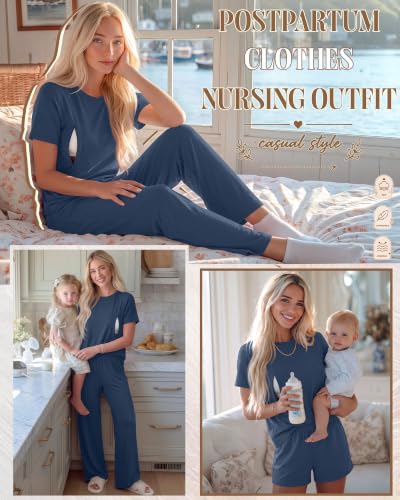 3 Piece Postpartum Nursing Pajamas Set Nursing Lounge Set - color: Haze Blue, size: Small