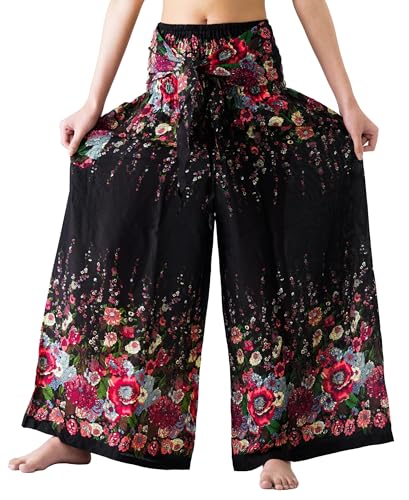 B BANGKOK PANTS Women's Boho Palazzo Pants - color: Black Flowers, size: One Size
